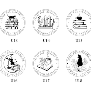 May include: Six black and white illustrations of round library stamps with different designs. Each stamp features the text "From the Library of" and a unique design, including a cat, books, a cup of coffee, and flowers.