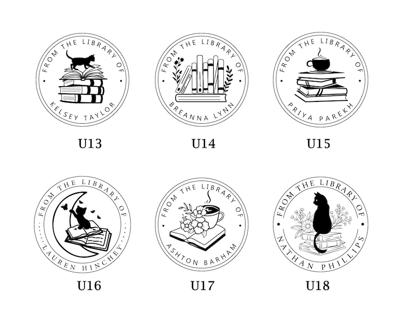 May include: Six black and white illustrations of round library stamps with different designs. Each stamp features the text "From the Library of" and a unique design, including a cat, books, a cup of coffee, and flowers.