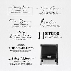 May include: A selection of personalised address stamps featuring different fonts and layouts. The stamps display names and addresses, including "Johnson & Brown" and "The Scarletts." A black Trodat stamp is also visible.