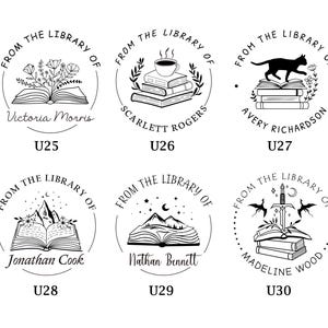 May include: Six black and white illustrations of book stamps with different designs. Each stamp features the text "From the Library of" and a name. The designs include a book with flowers, a book with a cup of coffee, a book with a cat, a book with a mountain, a book with stars, and a book with a sword.