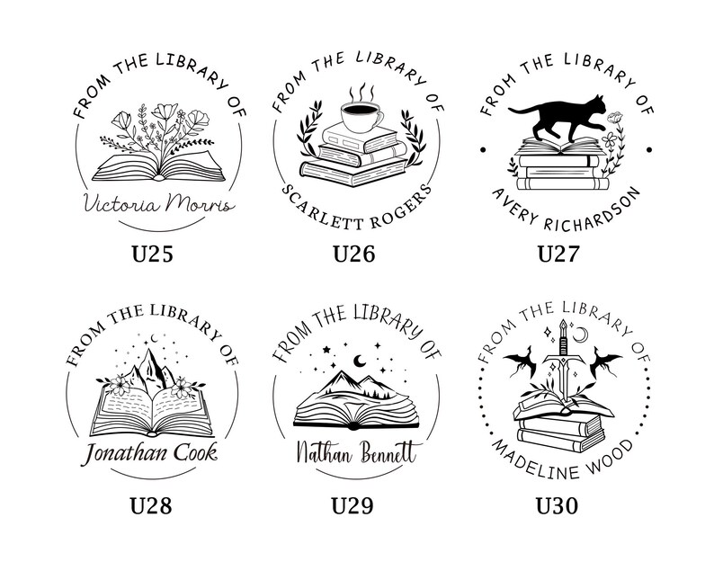 May include: Six black and white illustrations of book stamps with different designs. Each stamp features the text "From the Library of" and a name. The designs include a book with flowers, a book with a cup of coffee, a book with a cat, a book with a mountain, a book with stars, and a book with a sword.