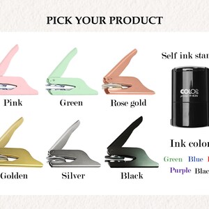 May include: Six self-inking stamps in different colors: pink, green, rose gold, gold, silver, and black. The stamps are all the same design, with a circular impression area and a handle. The image also shows a self-inking stamp with a black casing and the text "COLOP R40N". The ink colors available are green, blue, red, purple, and black.