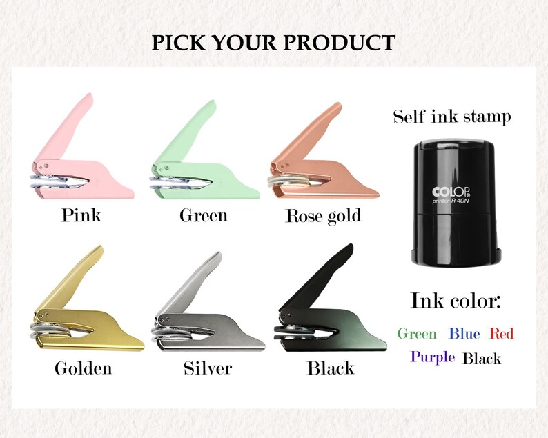 May include: Six self-inking stamps in different colors: pink, green, rose gold, gold, silver, and black. The stamps are all the same design, with a circular impression area and a handle. The image also shows a self-inking stamp with a black casing and the text "COLOP R40N". The ink colors available are green, blue, red, purple, and black.