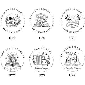 May include: Six black and white illustrations of book-themed stamps. Each stamp features a different design, including a skull, flowers, a ghost, a dragon, a cup of coffee, and a bee. The text "From the Library of" is included on each stamp.