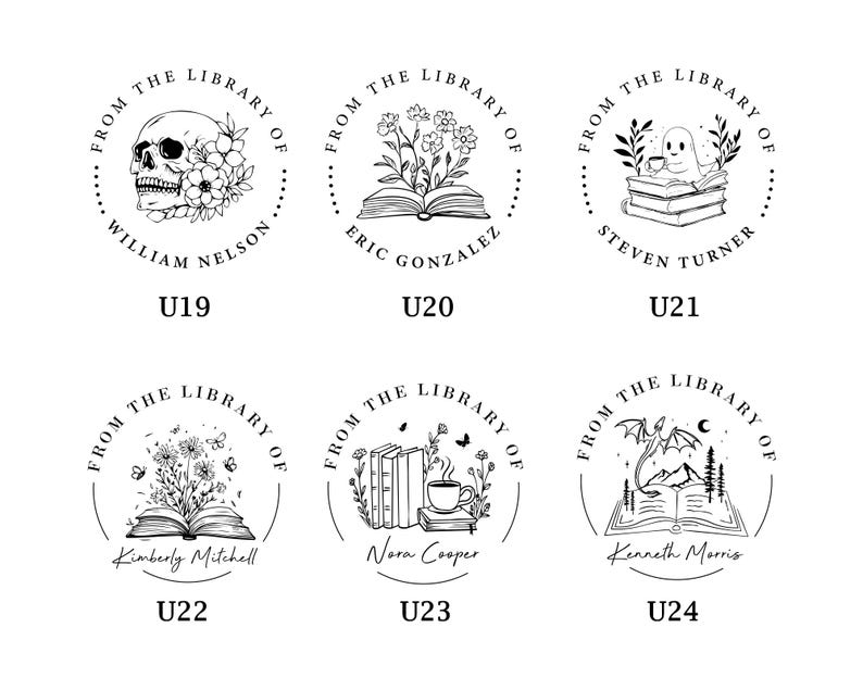 May include: Six black and white illustrations of book-themed stamps. Each stamp features a different design, including a skull, flowers, a ghost, a dragon, a cup of coffee, and a bee. The text "From the Library of" is included on each stamp.