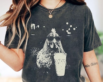 Camiseta con pajita y gafas de sol de pollo, sudadera divertida para amantes de los pollos, sudadera sarcástica de animales de granja, camiseta con meme retro, regalo original