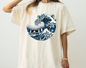 Camiseta retro con gato de olas azules para Kamala, sudadera con capucha artística japonesa inspirada en Ukiyo-e para amantes de los gatos, sudaderas con capucha con diseño vintage de olas de gato