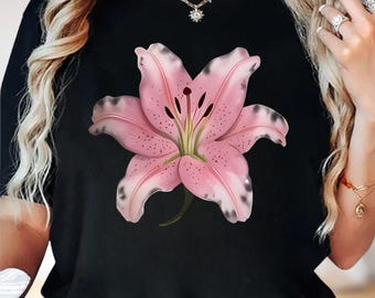Camiseta floral de lirios rosas, camisa botánica bohemia, sudadera con capucha estilo cottagecore con temática de jardín, sudadera con estampado de flores primaverales, camiseta feminista con estampado floral