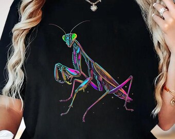 Camiseta colorida iridiscente de mantis religiosa, camiseta geométrica neón de insectos, sudadera con capucha para amantes de la naturaleza, sudadera de entomología, camiseta de insectos para hombre