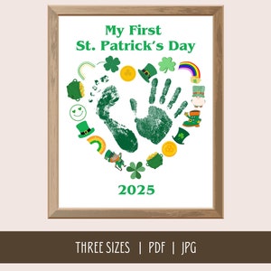 Baby’s First St Patricks Day Handprint Craft, St Patrick's Day 2025 Handprint, Leprechaun Heart Footprint art, March footprint for newborn
