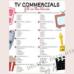 May include: A printable game sheet titled "TV Commercials Fill in the Blank." The sheet features multiple-choice questions related to classic television commercials. Includes a popcorn bucket, a TV graphic, and an Oscar statue.
