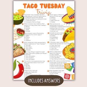 Puede incluir: Un juego de trivia imprimible de Taco Tuesday con preguntas de opción múltiple y respuestas. El diseño presenta ilustraciones coloridas de tacos, un sombrero y otros alimentos mexicanos. El texto incluye la frase "Descarga instantánea" y "Listo para imprimir".