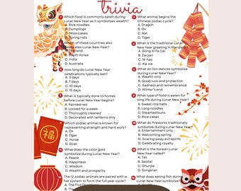 Juego de trivia del Año Nuevo Lunar, actividad del Año Nuevo Chino para adultos y niños (PDF imprimible y descargable)