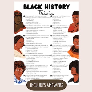May include: A printable Black History trivia poster with multiple choice questions and answers. Features illustrations of notable African Americans. Includes the text "Instant Download", "Includes Answers", and "Ready to Print".