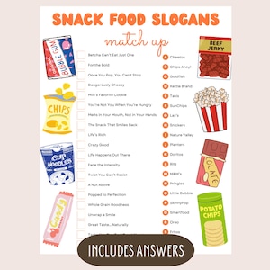 Snacksmatslogan-triviaspel, reklamslogan-matchningsquiz, familjespelskväll, TV-reklamspel för barn och vuxna (digital nedladdning, utskrivbar)