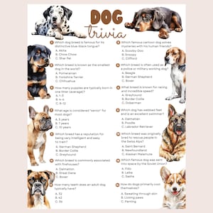 May include: A printable dog trivia game with the words "Instant Download" and "Ready to Print". The game features illustrations of various dog breeds and trivia questions about dogs. The title "DOG trivia" is in the center of the image.