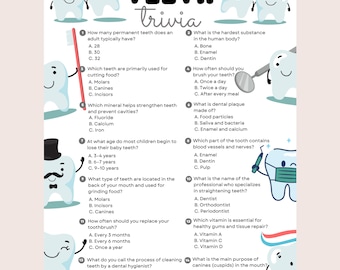 Teeth Trivia Game, Printable Dental Team Party Game for Adults & Kids, Dentistry Themed Shower, Dentist Theme Games, Dental Medical Trivia