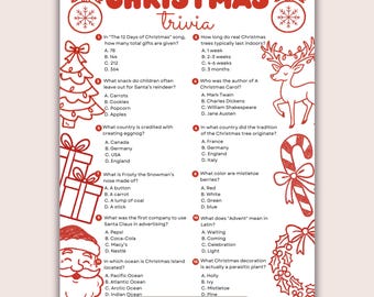 May include: A printable Christmas trivia game with a festive design. The title "CHRISTMAS trivia" is in red, with decorative elements like snowflakes, a Christmas tree, and a reindeer. Includes questions and answers, ready to print.