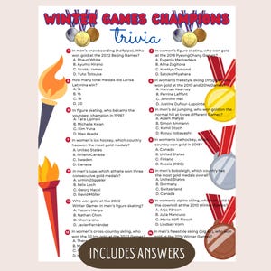 May include: A printable trivia game about Winter Games Champions. The design features gold, silver, and bronze medals, a torch, and text that reads "Instant Download" and "Ready to Print". The trivia questions cover various winter sports.