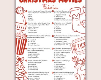 May include: Printable Christmas Movies trivia game with answer key. Features a festive design with holiday-themed illustrations and questions about classic Christmas films. Includes the text "Instant Download" and "Ready to Print".