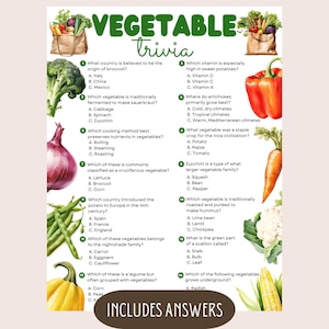 May include: A printable "Vegetable Trivia" game with colorful illustrations of various vegetables. The text includes trivia questions and answers about vegetables, with the words "Instant Download" and "Ready to Print" at the top and bottom.
