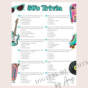 1950er Jahre Trivia Spiel, druckbare Quizfragen, Themenparty 1950er Jahre, Jahrzehnte-Trivia, Familienspiele, Partyspiele für Erwachsene, Geburtstagsidee