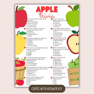 Puede incluir: Una hoja de juego imprimible "Apple Trivia" con preguntas de opción múltiple sobre manzanas. La hoja presenta ilustraciones de manzanas rojas y verdes, con el título "APPLE trivia" en letras rojas grandes. Incluye una clave de respuestas y está lista para imprimir.