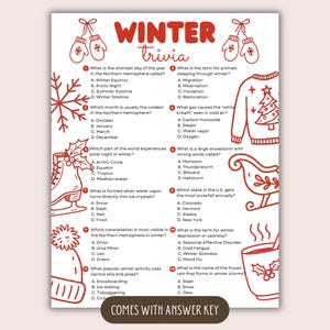 May include: A printable winter trivia game with a red "WINTER trivia" title. The game includes questions about winter, such as the shortest day of the year and winter activities. The image also includes winter-themed illustrations.