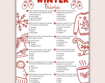 May include: A printable winter trivia game with a red "WINTER trivia" title. The game includes questions about winter, such as the shortest day of the year and winter activities. The image also includes winter-themed illustrations.