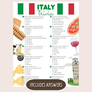 Könnte beinhalten: Sofort herunterladbares Italien-Quizspiel mit Antworten. Das Design umfasst italienische Flaggen, berühmte Wahrzeichen und Bilder von Pizza, Pasta und Wein.