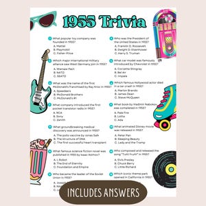 1955-Trivia-Spiel, druckbare 1955-Geburtstagsspiele, 1955-Reunion-Party, 70. Geburtstagsparty-Aktivitäten, geboren 1955-Trivia-Spielnacht