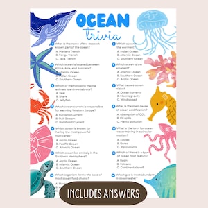 May include: A colorful "Ocean Trivia" printable with illustrations of marine life, including a whale, jellyfish, and seahorse. The text includes trivia questions and answers about the ocean, with the words "Instant Download" and "Ready to Print".