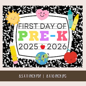 First Day of Pre-K Sign, Back to School Printable, Composition Notebook PreK Sign, Cool First Day Pre K Sign, Groovy Retro First Day of Prek