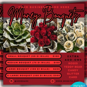 Geldsträuße Flyer Canva Vorlage, Social Media Ad Instagram Post, Rosenstrauß Preise, Blumenarrangement Flyer, Abschlussfeier Flyer