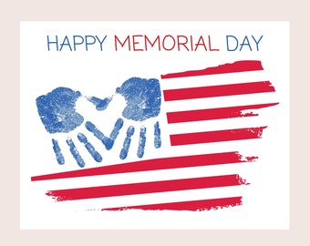 May include: A printable card with a blue handprint design and a red, white, and blue American flag. The card says "Happy Memorial Day".