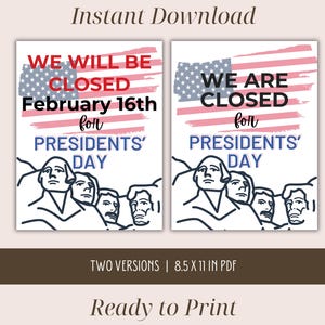 Vi har stängt för Presidents Day utskrivbar skylt, Vi kommer att ha stängt för Presidents Day-helgdag, Företagsskylt, Meddelande om stängning under helgdagar