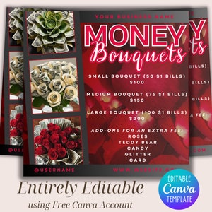 Geldsträuße Flyer Canva Vorlage, Social Media Ad Instagram Post, Geldsträuße Preise, Blumenarrangement Flyer, Abschlussflyer