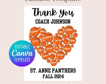 Editable Basketball Coach Appreciation Gift Printable, Signable Printable Basketball Coach, Thank You Coach Gift Printable Basketball Heart