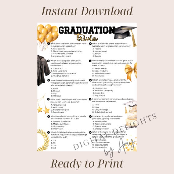 Graduation Trivia Game, Printable Graduation Quiz, Graduation Party, Grad Party, College Graduation, High School Graduation, Class of 2025