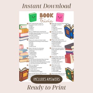 May include: A printable book trivia game with colorful illustrations of books and a playful design. The game includes questions about book history, authors, and terminology, with answers provided. Perfect for educational activities.