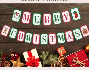 Merry Christmas Banner Printable Digital Download, Red and Green Christmas Garland, Merry Christmas Digital Print Out, Christmas Party Decor