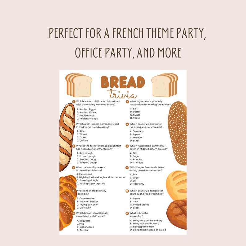 Bread Trivia Game, Bread Quiz, Dinner Party Game (printable PDF ...