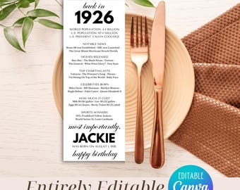 100th Birthday Place Cards Digital, Editable 100th BDay Party Decor, Born in 1926 Table Cards, Back in 1926 News, Editable Canva Template