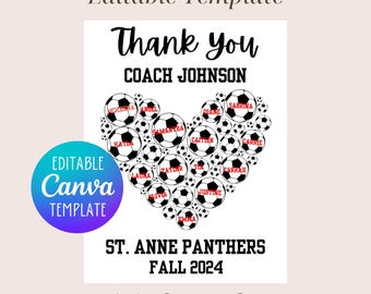 Regalo de agradecimiento para entrenador de fútbol editable e imprimible, entrenador de fútbol imprimible y firmado al final de la temporada, corazón de agradecimiento del equipo de fútbol.