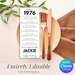Digitala bordskort för 50-årsdag, redigerbara 50-årsfestdekorationer, bordskort född 1976, nyheter om tillbaka 1976, redigerbar Canva-mall