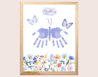 Mother's Day Handprint Art, Mothers Day Activity, Spring handprint craft, Gift for mom from kid, Mothers day butterfly and flowers printable