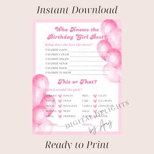 Who Knows The Birthday Girl Best, Birthday Questionnaire Activity, Printable Birthday Game, Birthday Girl Trivia Game, Birthday Girl Quiz