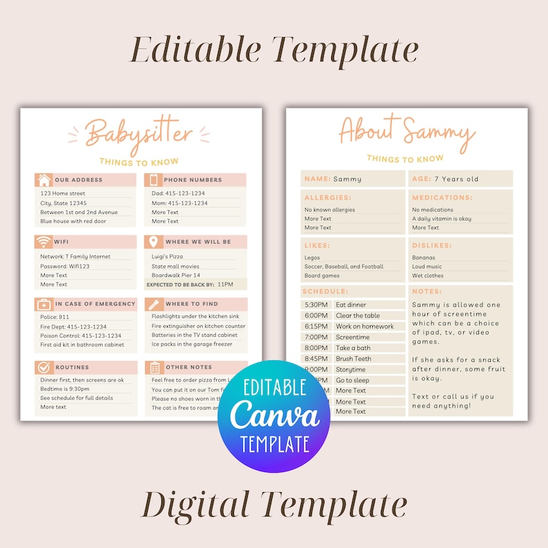 Editable Babysitter Notes Information Sheet, Simple Babysitting ...