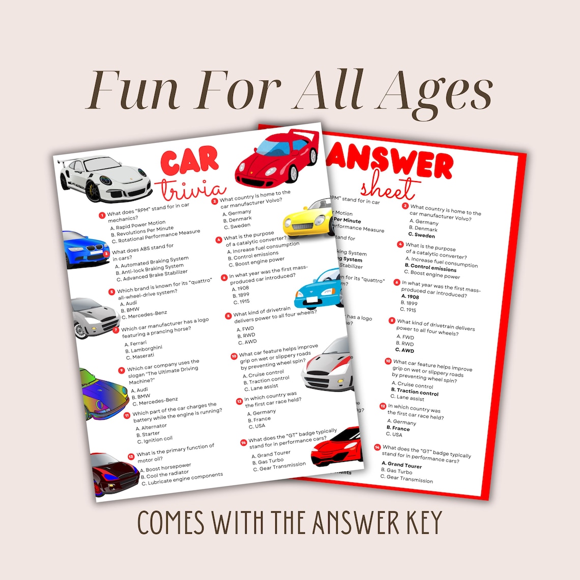 Car Trivia Game, Printable Automobile Game for Kids & Adults, Car ...
