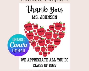 Editable Teacher Appreciation Gift Printable from Student, Apple Heart from Class, End of Year Signed Thank You Teacher Gift Printable Heart